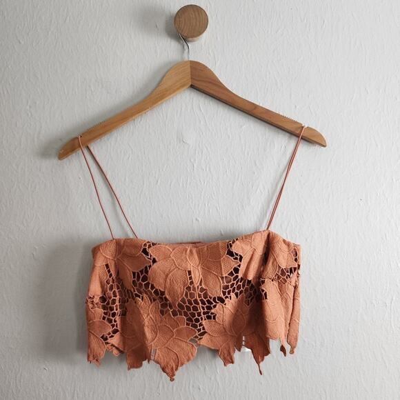 Rumer The Label Tops - Rumer The Label Tropez Rust Orange Floral Lace Asymmetric Crop Top Medium NWT